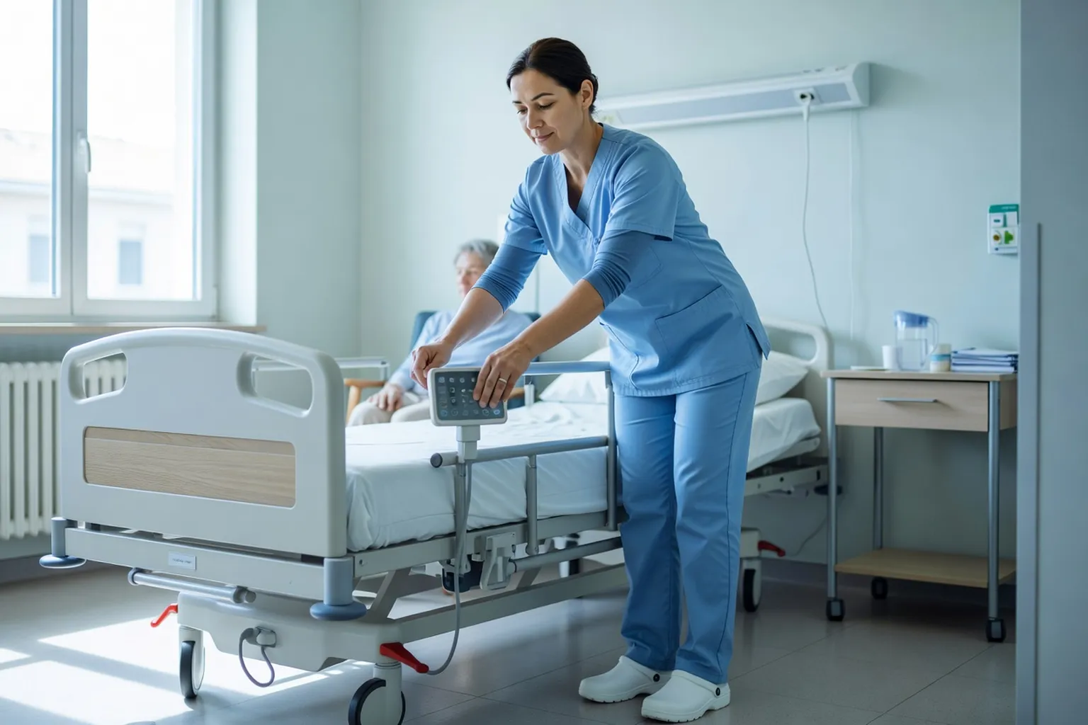 Aide-soignante ajustant la hauteur d'un lit médicalisé avant d'accompagner une personne