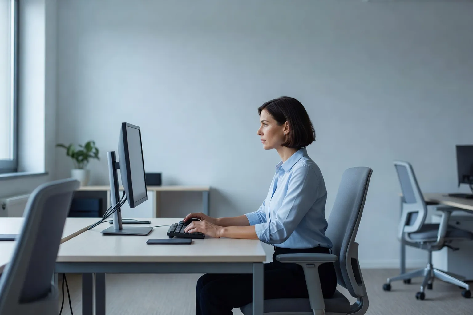 Salariée assise devant un poste informatique, les avant-bras posés sur le plan de travail