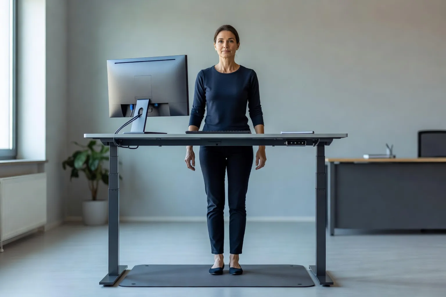 Salariée devant un bureau réglable en hauteur, debout face à un écran placé à hauteur des yeux