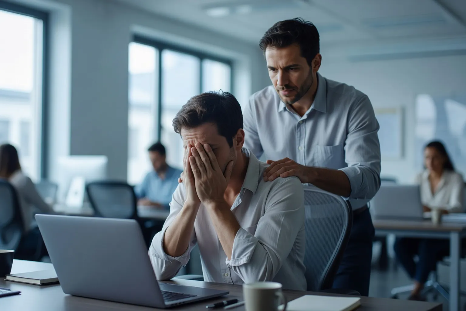 Salarié adulte assis à son poste de travail, les mains sur le visage devant un ordinateur portable, un collègue posant doucement la main sur son épaule