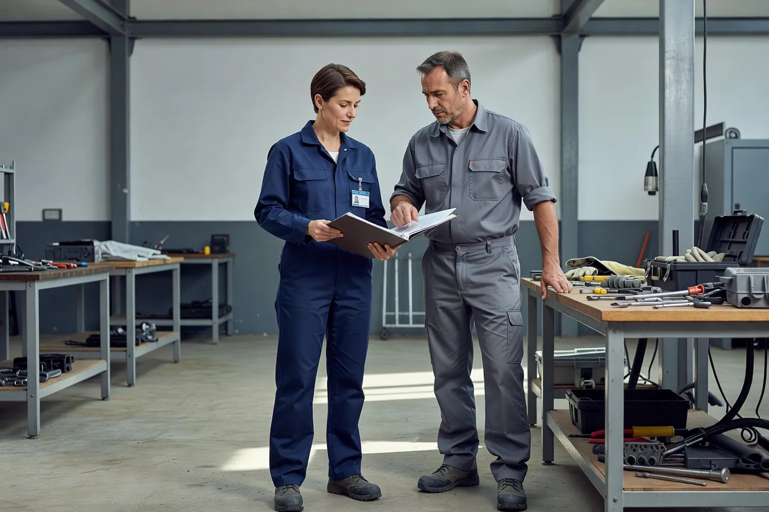 Salariée et responsable d'équipe debout dans un atelier, un classeur ouvert entre eux, qui font le point sur les risques d'un poste