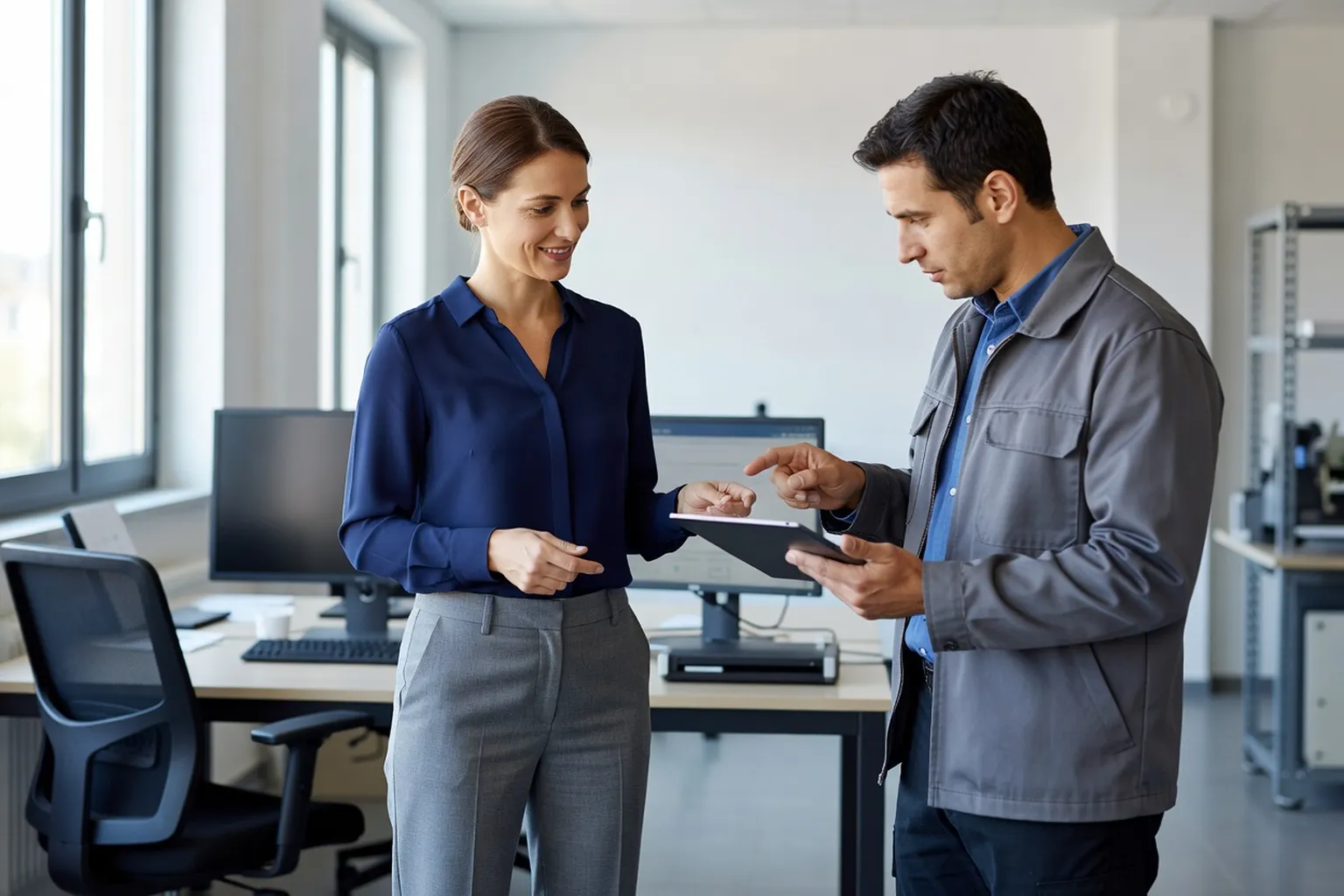 Dirigeante de petite entreprise et salarié devant un poste de travail, tablette à la main, qui notent les risques d'un geste