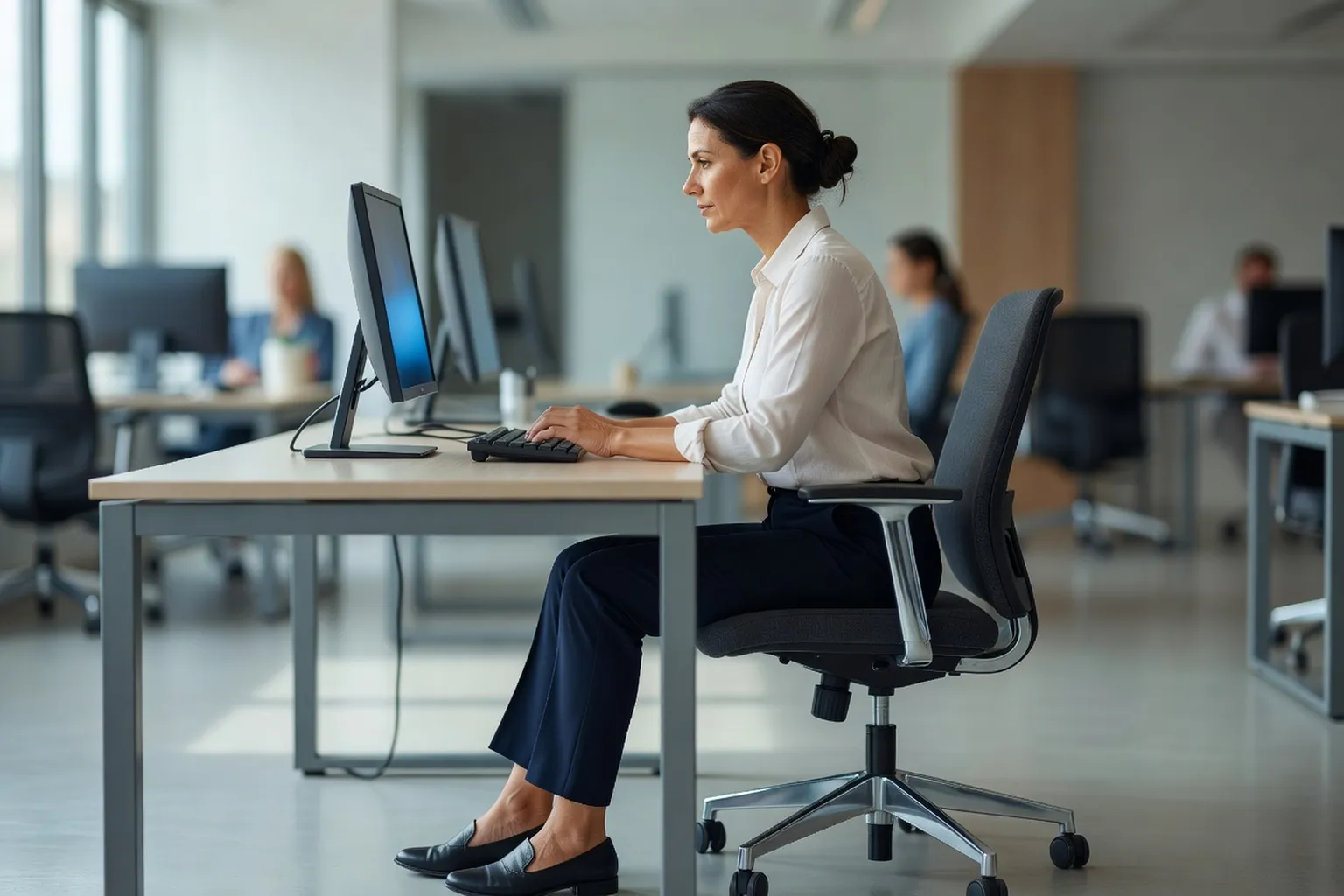 Salariée assise devant un écran, les avant-bras posés sur le bureau et les pieds à plat au sol