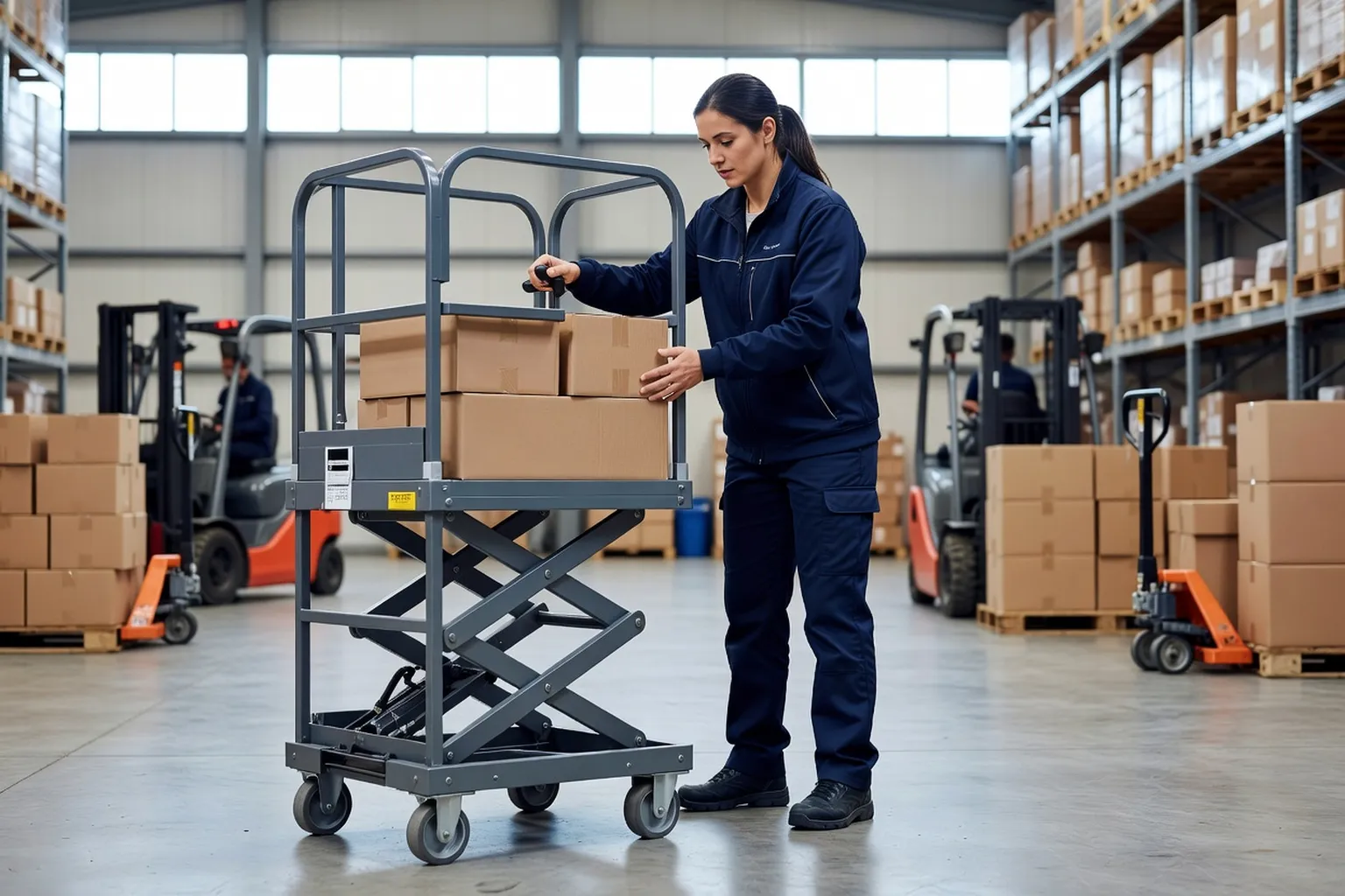 Salariée de logistique ajustant la hauteur d'un chariot avant de déplacer des colis