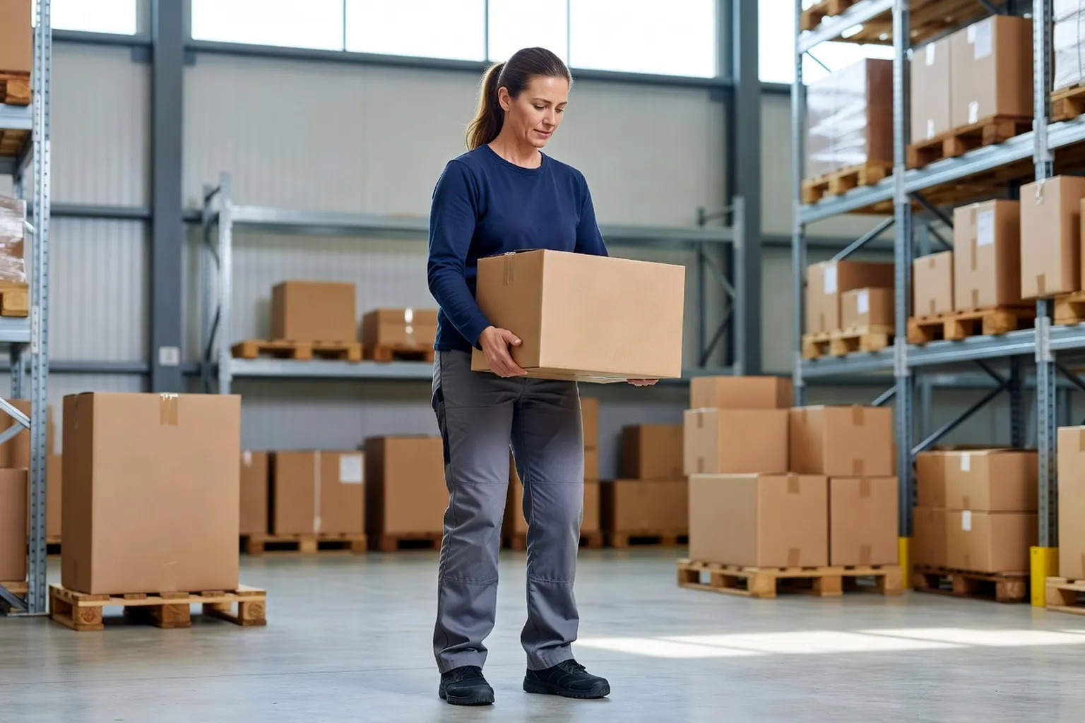 Salariée en entrepôt soulevant un carton près de son corps, les pieds stables et le dos maintenu