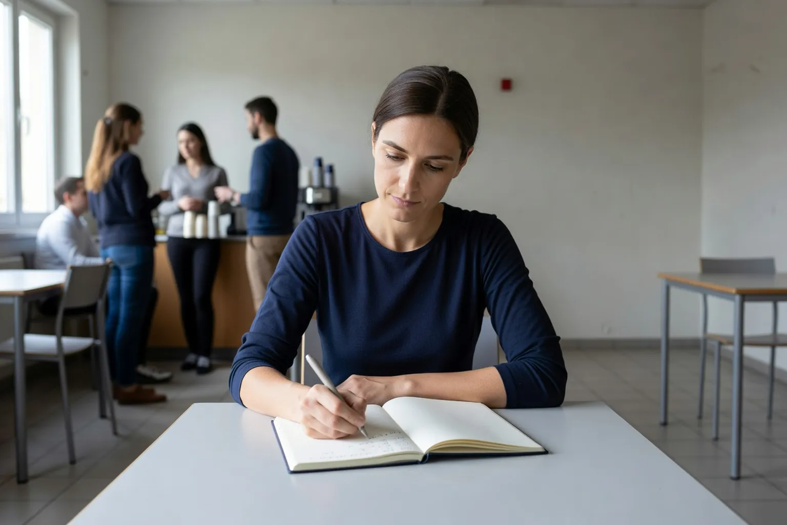 Salariée adulte assise seule à une table de salle de pause, le regard baissé vers un carnet où elle note des dates, des collègues discutant au fond sans elle