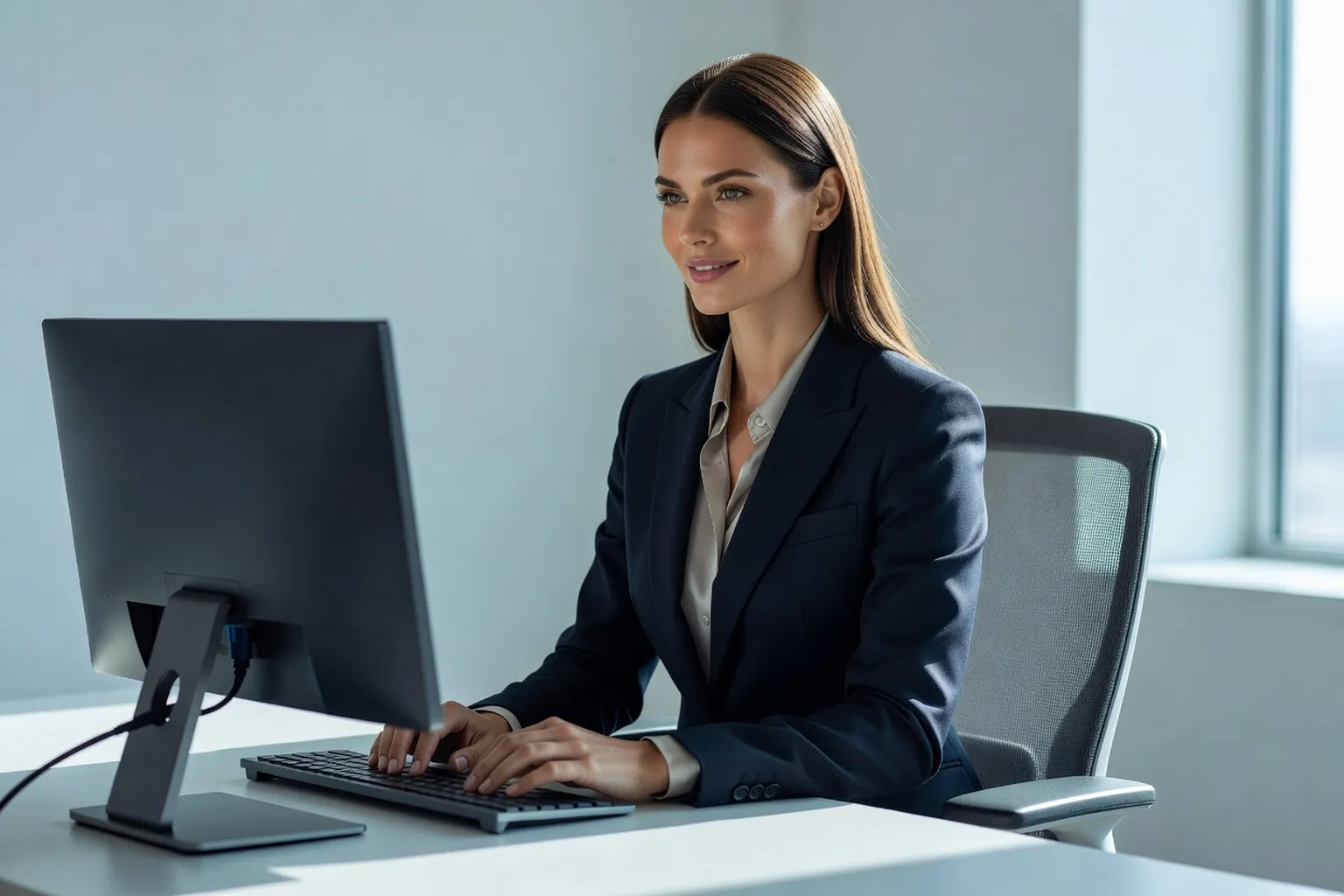 Salariée assise droite à un bureau lumineux, écran réglé à hauteur des yeux