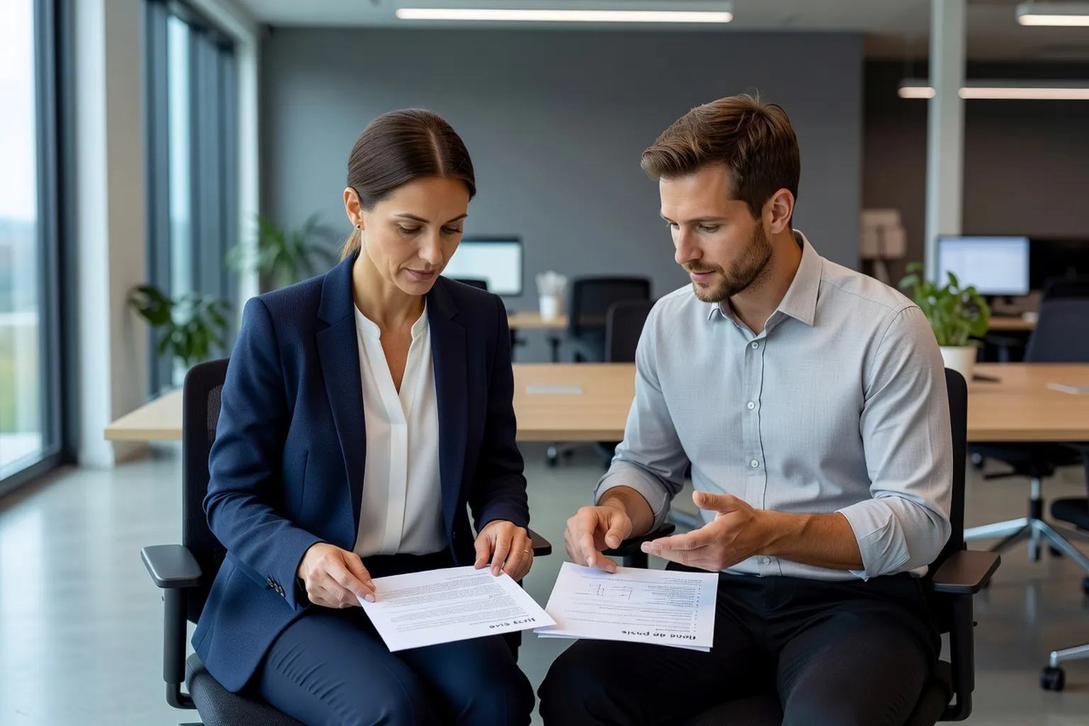 Salariée adulte et responsable des ressources humaines autour d'une table, examinant ensemble un avis écrit et une fiche de poste