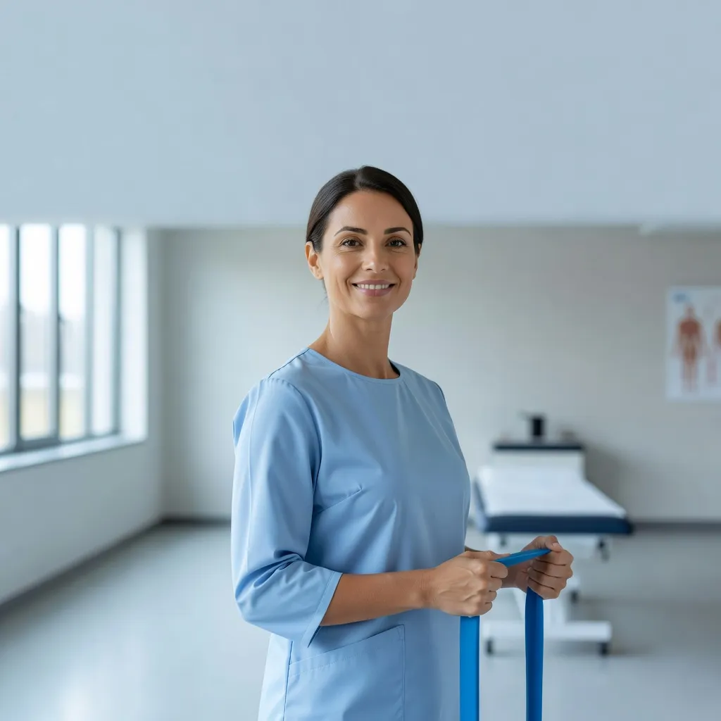 Kinésithérapeute souriante en blouse dans une salle de rééducation lumineuse, un élastique de rééducation à la main près d'une table de soin