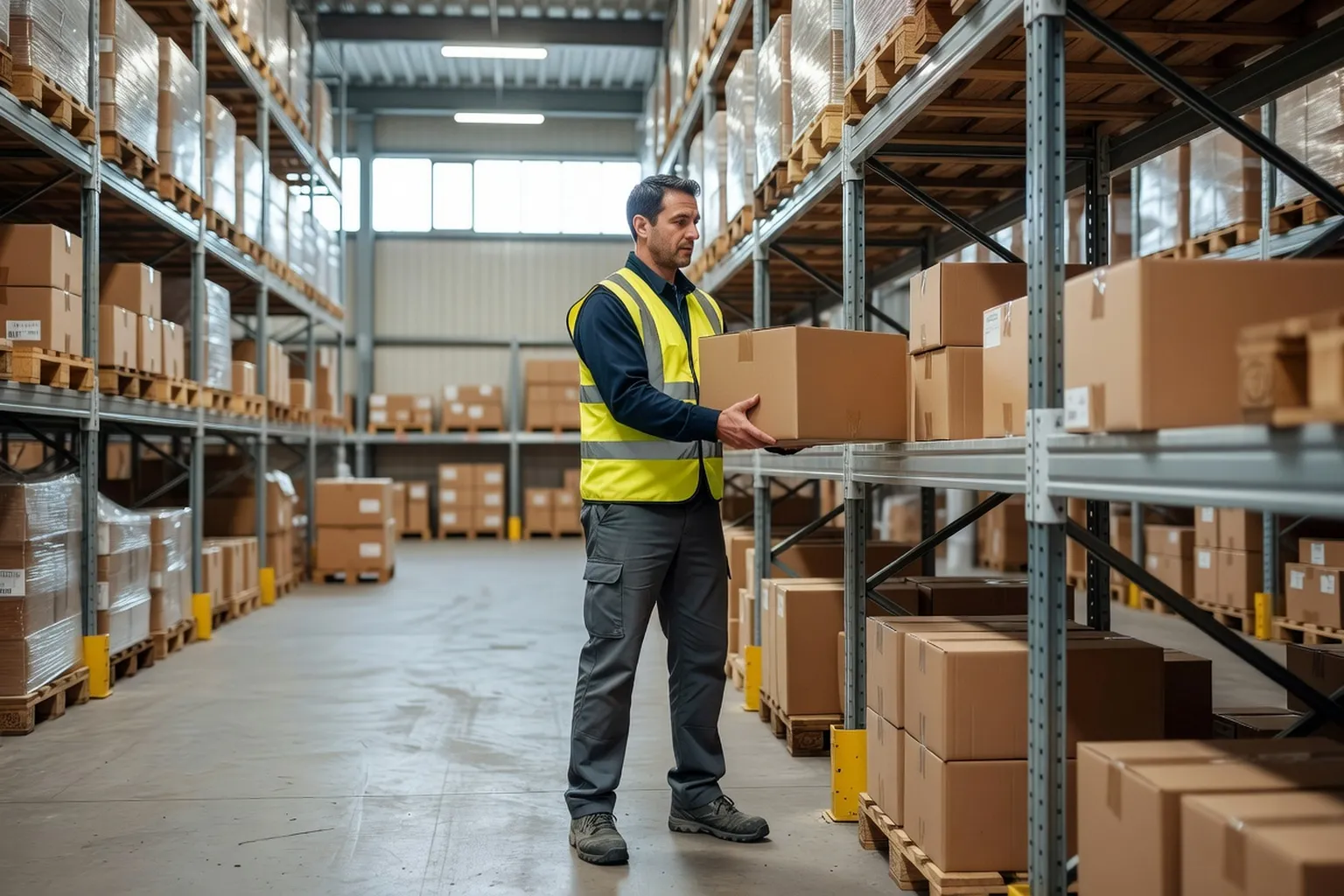 Manutentionnaire adulte en entrepôt qui range un carton sur une étagère à hauteur de taille, dos droit, charge tenue près du corps