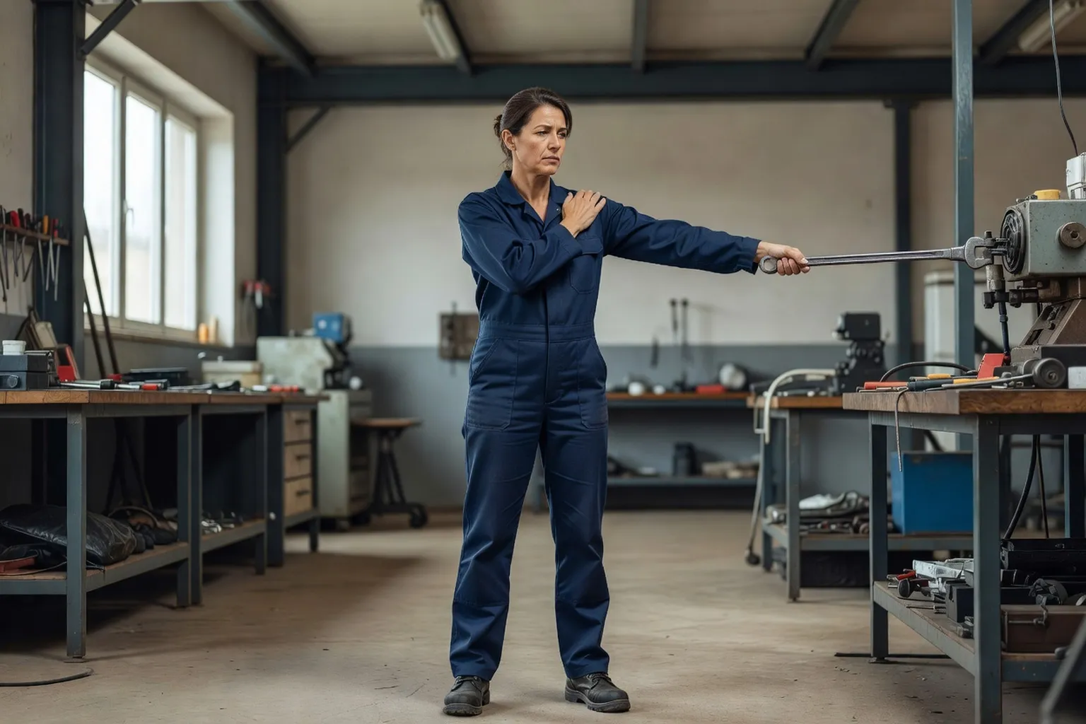 Technicienne de maintenance adulte en atelier, la main gauche posée sur l'épaule droite après avoir manipulé un outil à bout de bras, visage concentré