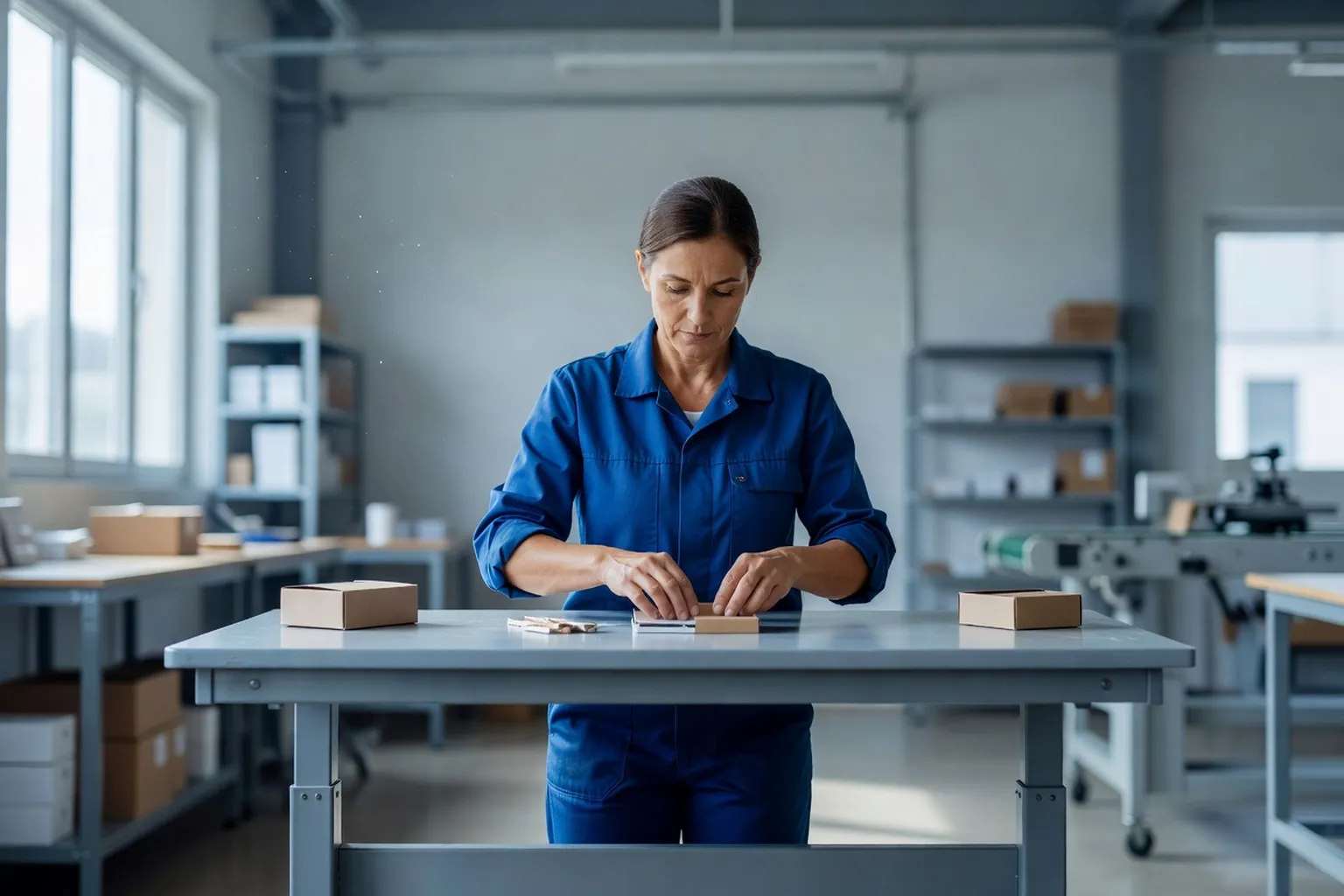 Opératrice adulte en atelier de conditionnement, debout devant un plan de travail réglé à hauteur des coudes, avant-bras alignés, épaules relâchées