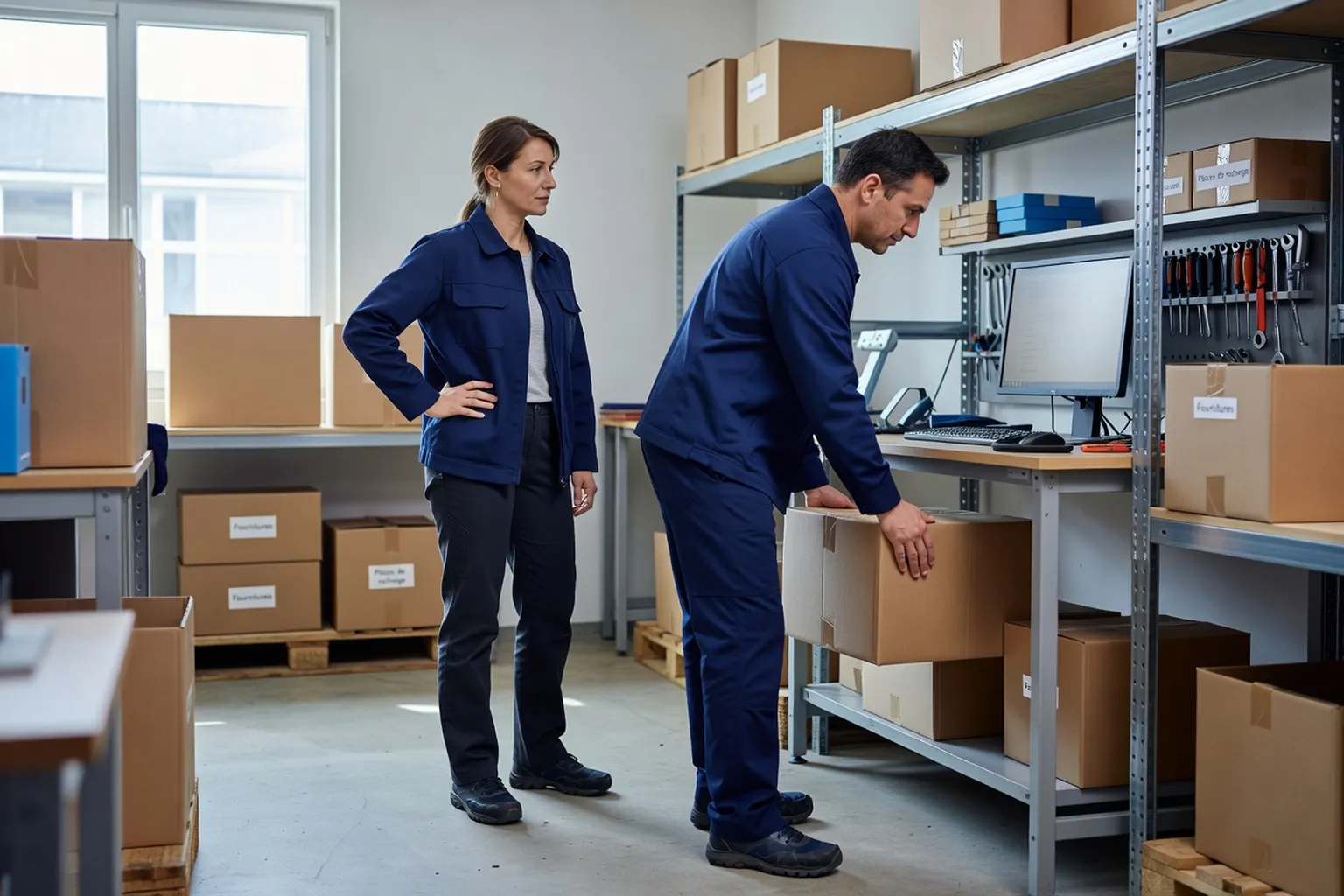 Salariée observant la préparation d'un poste de travail avec un collègue dans un espace de stockage