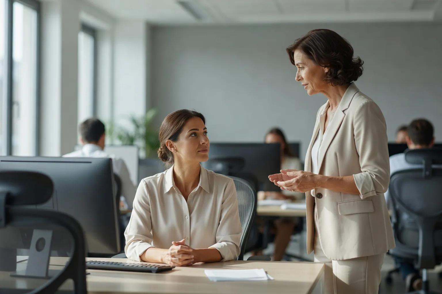 Salariée adulte à son bureau, mains jointes devant un ordinateur, échangeant calmement avec une responsable lors d'un point d'équipe