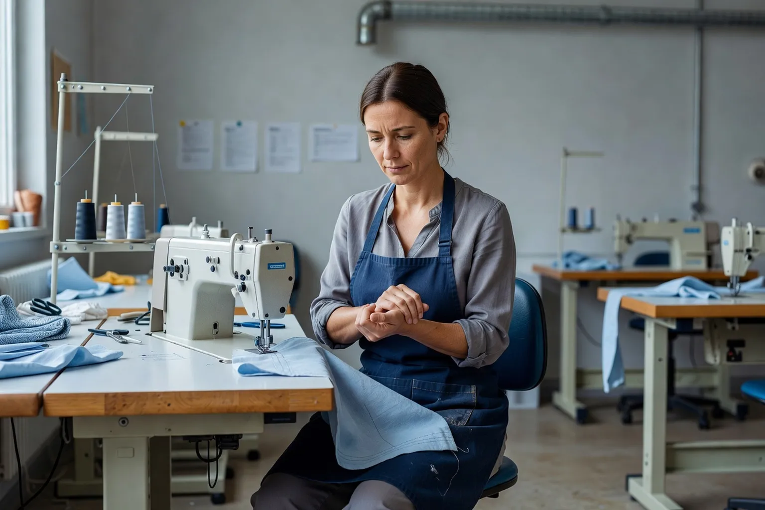 Employée adulte dans un atelier de couture qui masse doucement son poignet à la fin d'une tâche, machine à coudre et tissu devant elle