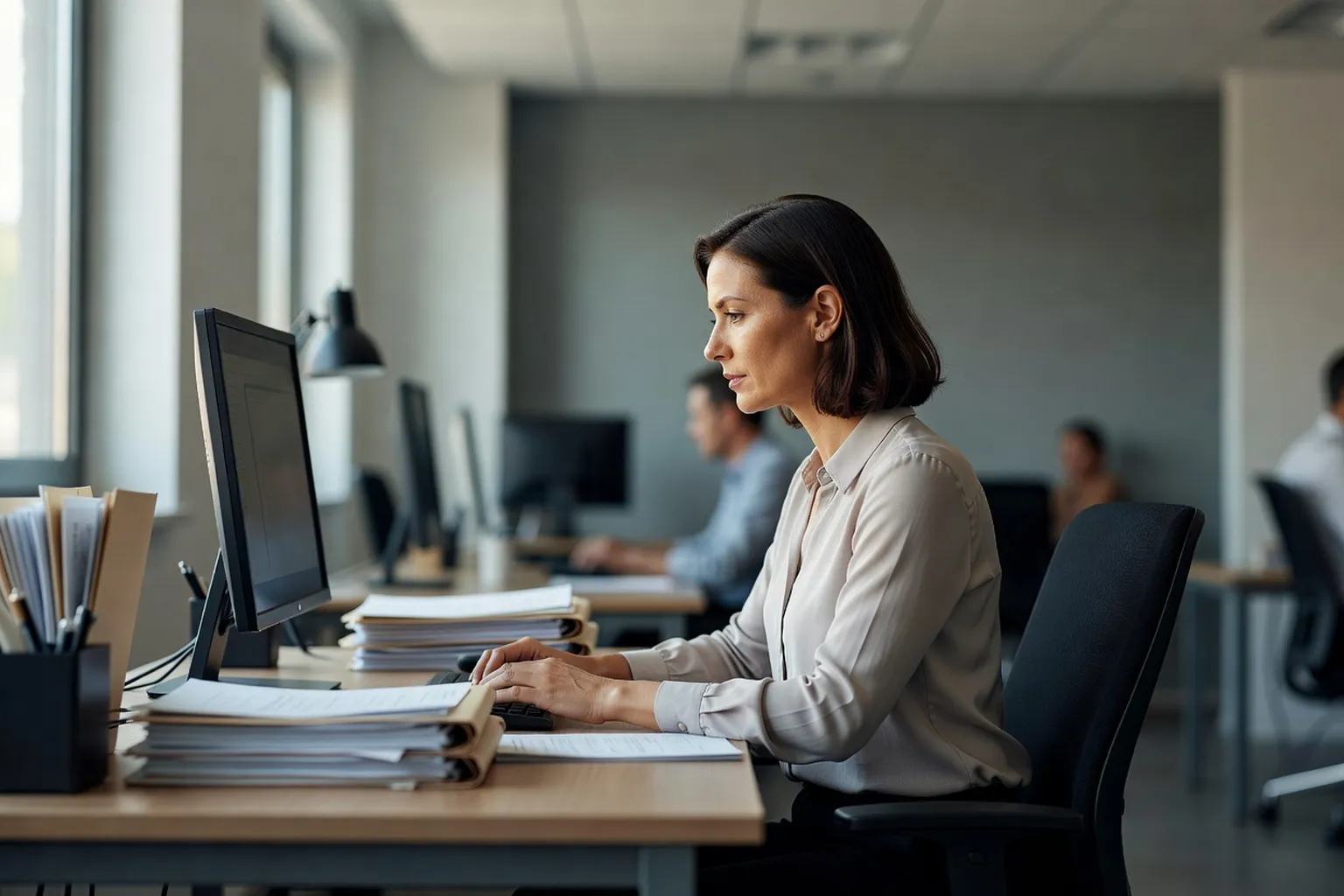Salariée assise à son bureau, regardant son écran tandis que des dossiers sont posés à côté d'elle