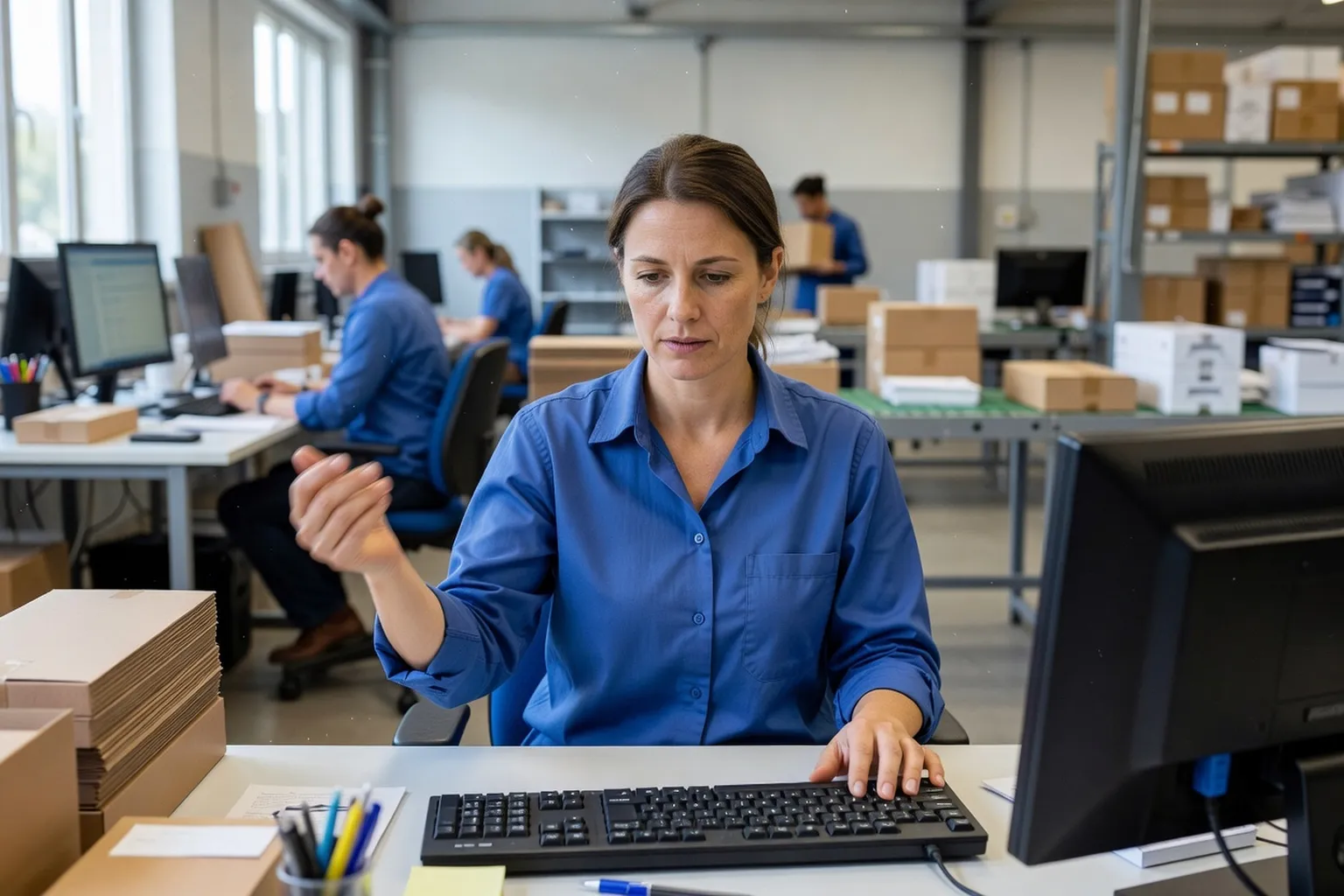 Opératrice de saisie en atelier de conditionnement qui secoue sa main gauche pour soulager des fourmillements, la main droite posée sur un clavier