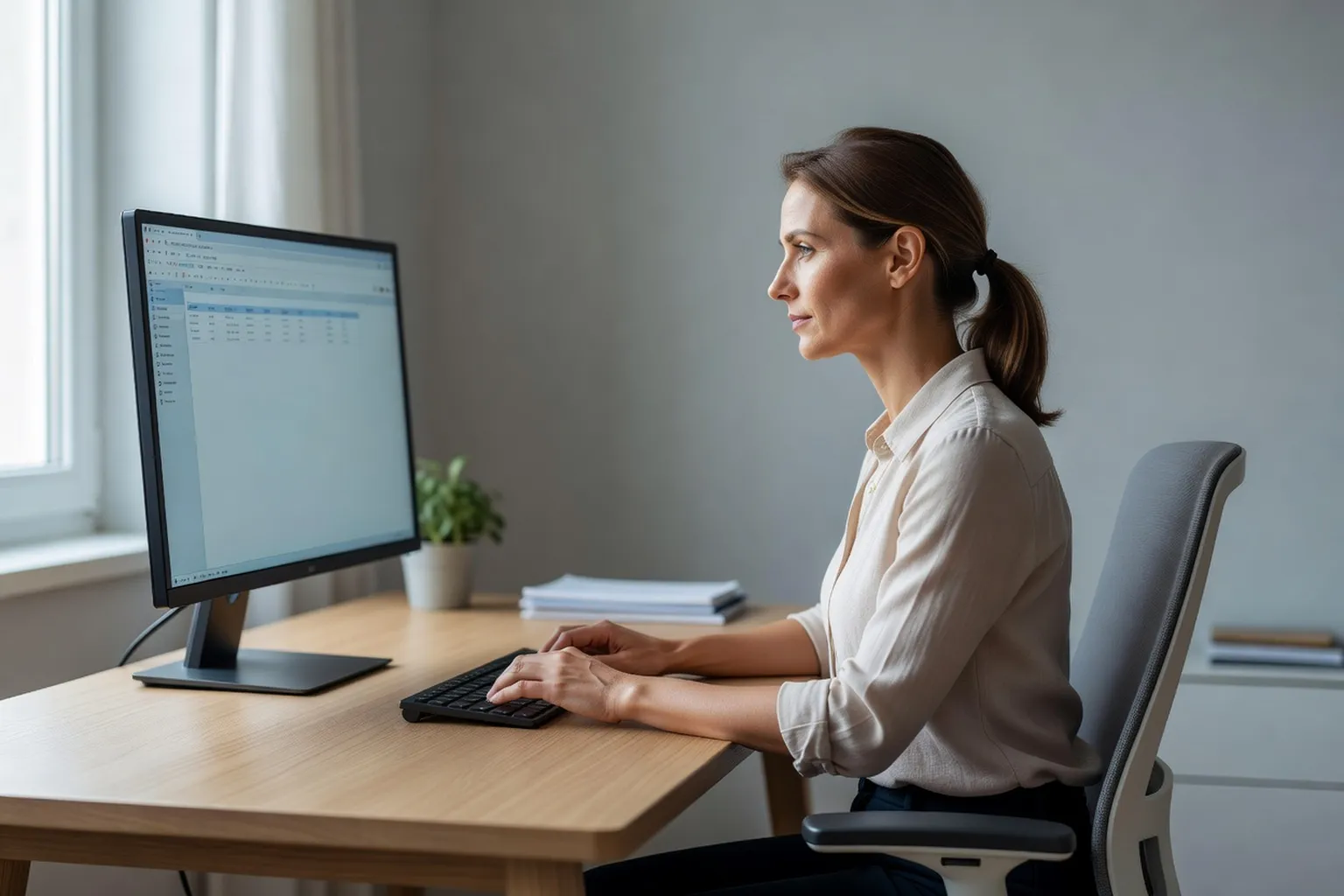 Salariée en télétravail assise devant un écran externe, les avant-bras posés sur le bureau