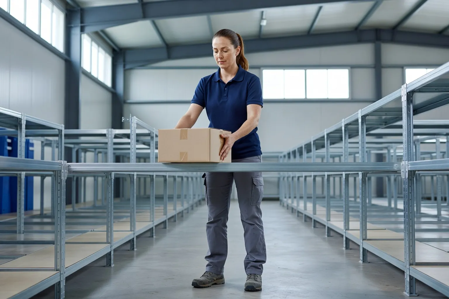 Salariée en entrepôt plaçant un colis à hauteur de buste avec les coudes proches du corps