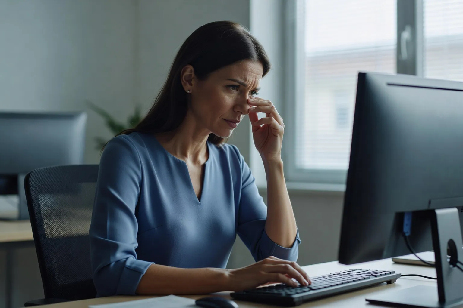 Salariée de bureau devant un écran placé à bonne distance, éclairé de côté par une fenêtre munie d'un store, qui se frotte doucement les yeux