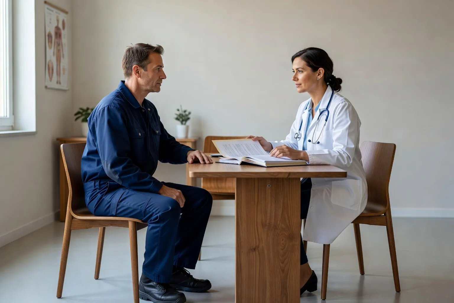 Salarié adulte en tenue de travail discutant avec une médecin du travail dans un cabinet de consultation, un dossier posé sur le bureau